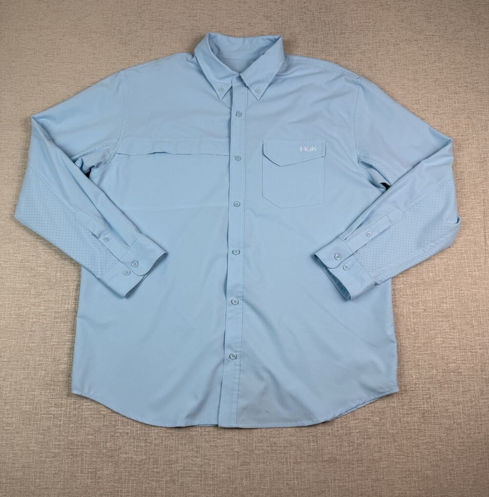 Huk Mens Shirt XL Light Blue Performance Vented Fishing Button Down Casual Tab